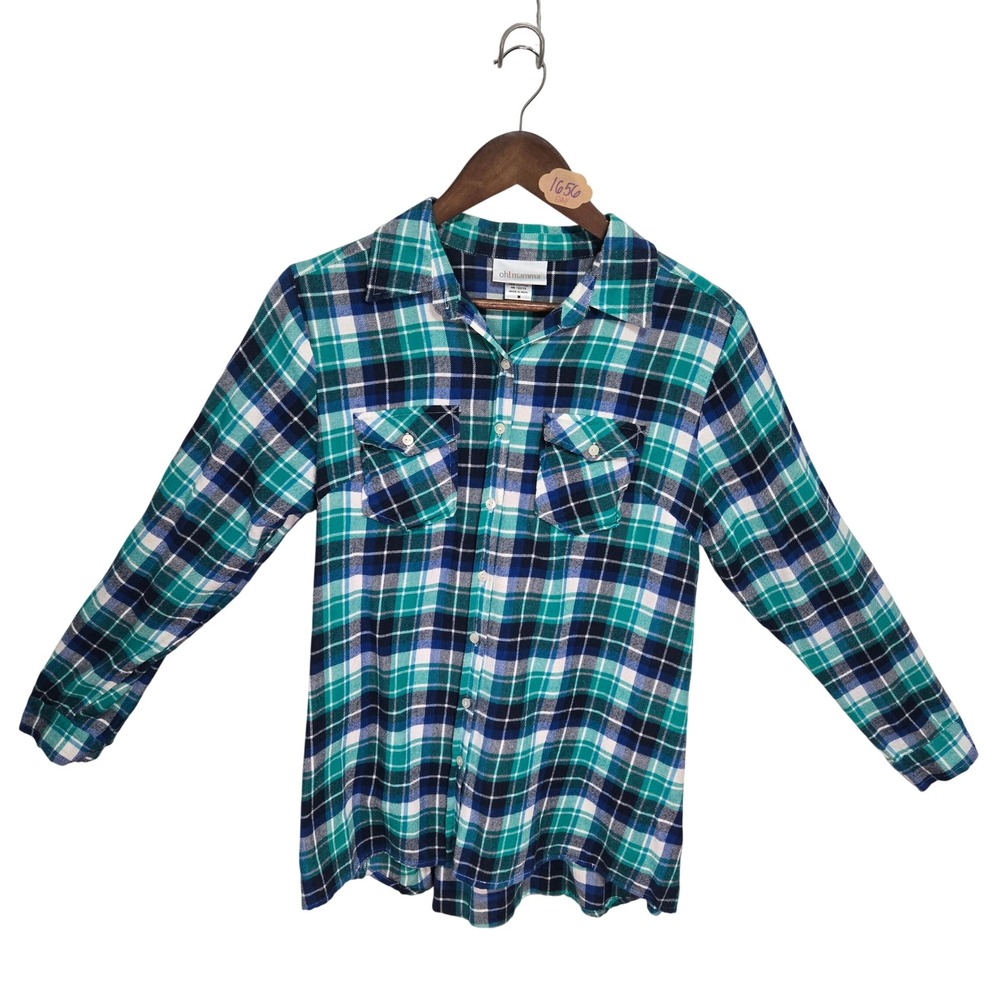 Oh! Mamma Maternity Plaid Flannel Button Down Shirt Green Navy Blue Size M